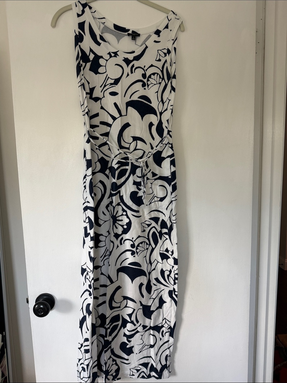 Sleeveless White Maxi Dress with Navy Floral Print